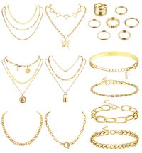 PRICES MAY VARY. Gold Jewelry for Women Set: 6 pieces gold necklaces, 4 pieces gold bracelets, 7 pieces gold rings, each costume jewelry can be wear alone or in combination with other accessories jewelry, perfect jewelry sets for women Material: Necklace bracelet ring set are made of high quality alloy, affordable, lightweight and comfortable to wear Size: Gold stacking rings come in many different sizes, gold necklace set and gold bracelet set are adjustable, fit for most people, please check t