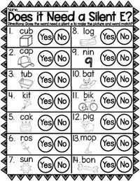 Does It Need a Silent E Worksheet? | Sneaky Silent E | Magic E:Students look at the picture and then read the word above it. Does the word need a silent e to make the picture and word match? Students color in the circle that says "yes" if it does need a silent e and they color in the circle that say...