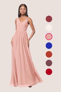 Keyla is a floor-length gown in an A-line cut. Made of chiffon, this dress features a v neckline. This bridesmaid dress is available in full size range (A0-A30) and custom sizing.