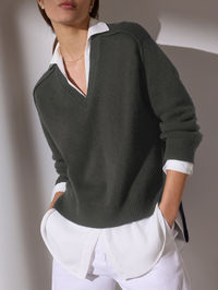 Oversized (take a size down if you prefer a closer fit) V neck Dropped shoulders Curved high low hem 70% Wool/30% Cashmere with 100% Polyester Georgette partial shirting underlayer Imported Dry clean recommended Our bestselling sweater for over 10 years, The Looker Layered V-Neck makes getting dressed and looking effortlessly chic so easy. A luxurious, cashmere blend sweater is pre-layered over a recycled georgette underlayer which creates the illusion of two pieces in one. The shirting collar,