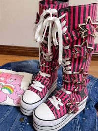 TAAFO Women Wasteland Punk Long Boots Woman High Wedges Heels Pumps Lady Dress Party Shoes Round Toe Canvas Shoes Striped Pentagram as pic-33