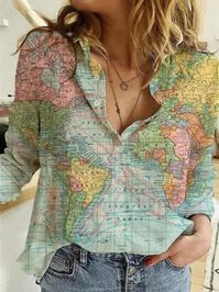 Women Casual Map Printed Collar Long Sleeve Blouses