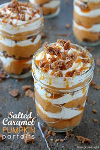 Salted Caramel Pumpkin Parfaits - Delicious pumpkin pudding, gingersnaps, and homemade salted caramel sauce all layered in a jar! This recipe is perfect for traveling, so be sure to pin this for the holidays!