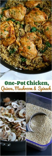 One-Pot Chicken, Quinoa, Mushrooms & Spinach...Healthy dinner, quick clean-up! 256 calories and 6 Weight Watchers PP | cookincanuck.com #recipe *made it with leftover rotisserie chicken breast, about 1/2 tsp rosemary, added 1/4 tsp thyme, used a little regular paprika, & used baby portabellas instead of crimini. Topped with a little Feta chesse, YUM!!