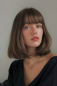 Save this pin for a full fringe rounded bob, a top pick among the trendiest long bob styles for 2024. Seeking a look that's both stylish and flattering? Tap to see how this classic rounded bob with a thick full fringe can elegantly frame your face, providing a chic, retro-modern vibe that's perfect for any occasion.