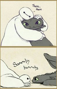 Baymax, Big Hero Six, Toothless, How to Train Your Dragon, cute, comic, text, crossover; Anime