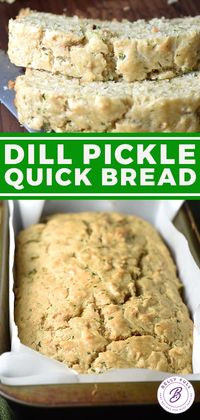 This savory Dill Pickle Bread recipe is a simple oven baked quick bread, perfectly delicious on its own, with a slab of butter, or dipped in a bowl of soup!