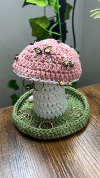 I saw these crochet mushroom jewelry holders here on Pinterest and thought they were so fun and useful! They're great for holding rings, necklaces, and earrings and are also a cute home decoration.