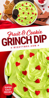 No cooking required! Ready to serve in just 5 minutes, this holiday treat is a winner! Grinch dip is a fun and festive Christmas appetizer, snack or dessert. Irresistibly creamy, this sweet dip can be paired with a variety of cookies, fresh fruit or pretzels and puts a colorful spin and add a whimsicle touch to your holiday party.  Kids love this dip and adults do too!2 Made with a cream cheese base made fluffy thanks to Cool Whip.