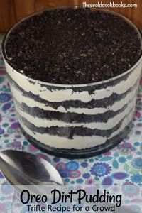 Oreo Dirt Pudding Trifle is a favorite of adults and kids.  Layers of crushed Oreos are sandwiched between a cream cheese pudding layer. 