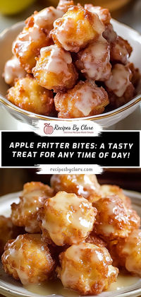 Crispy on the outside and soft on the inside, these apple fritter bites are the perfect anytime treat!  Ingredients:  1 cup all-purpose flour 1 ½ cups peeled, diced apples ⅓ cup milk 1 tbsp butter (melted) Oil for frying  Deliciously golden apple fritter bites with a tender apple filling, perfect with a dusting of powdered sugar for extra sweetness!