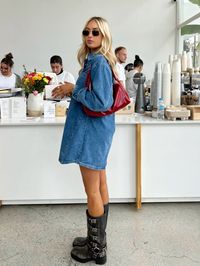 Denim dress outfit, cold spring day outfit, motorcycle boots outfit, red bag outfit, coffee date outfit, casual outfit, spring