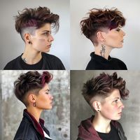 AI Generated image of a professional style salon photo showing ash brown maroon short hair with shaved sides in an androgynous style.