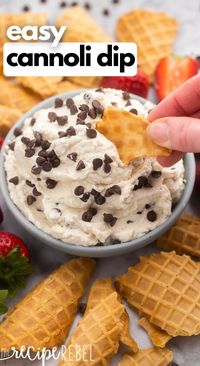 This creamy Cannoli Dip is a Cannoli in dip form, perfect for dipping waffle cone pieces, fresh fruit, or cookies for a quick and easy dessert made for sharing! #cannoli #dip #recipes | recipe ideas | ricotta recipe | ricotta ideas | chocolate chips | cannoli recipe | party ideas | party food