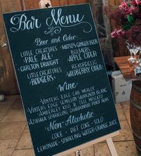 60 x 90 cm Unframed chalkboard sign. Bar menu chalk art and lettering. Information can be changed to suit. All signs are sprayed so they won't smudge. Stand not included. This sign is ideal for display at wedding receptions, parties or events.