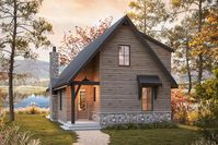 The steep pitch in the gabled roofline creates a dramatic vaulted porch on the back of this exclusive, Mountain Cottage design.The living area gains vertical space from the vaulted ceiling and the open layout makes the heart of the home feel even larger.The island kitchen features a nearby pantry and laundry room combo, while a forward-facing bedroom neighbors a full bath and completes the main level.The second floor has 7' walls and a vaulted ceiling. The front bedroom has a bunk bed nook ...