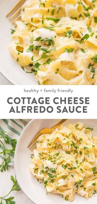 This cottage cheese alfredo is a lower fat, lower calorie version of the rich and creamy pasta favorite! One of the best cottage cheese recipes, this skinny alfredo sauce is an easy dinner to make, and the best part? You’d never even know it’s healthy. #pasta #healthyrecipes