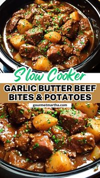 This slow cooker garlic butter beef bites & potatoes dish is bursting with rich, savory flavors. Juicy, tender beef paired with buttery, garlicky potatoes makes it the perfect one-pot meal for any day of the week. Easy to prepare and impossible to resist! Don’t miss out on this delicious recipe #slowcookerrecipes #garlicbutter #beefrecipes #potatorecipes #onepotmeals #comfortfood #easymeals #weeknightdinner