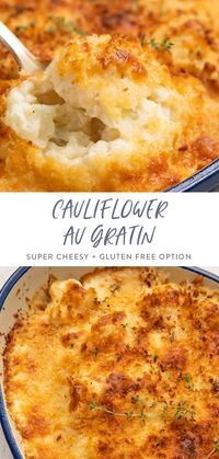 This cauliflower au gratin is super rich and ultra cheesy. It'll become a family favorite in no time! Perfect for the holidays, the cauliflower is roasted for a delicious side dish that's all creamy and not watery! #thanksgiving #sidedish #cheese #augratin #cauliflower