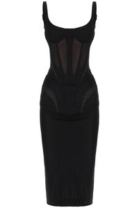 Find MUGLER Midi Dress With Corset on Editorialist. This Mugler midi dress is made of stretch mesh and features laser-cut semi-transparent inserts, as well as a structured corset design. It has adjustable straps, a hidden zipper closure at the back, and a fitted silhouette. The model is 177 cm tall and wears a size 36 FR.