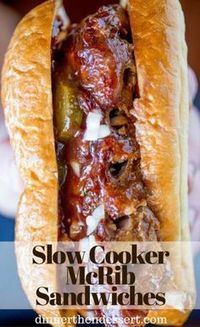 Slow Cooker McRib Sandwiches with an amazing baby back rib meat topped with the classic McDonald's bbq sauce, onions and pickles.