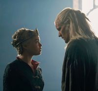 milly alcock as rhaenyra targaryen and matt smith as daemon targaryen still. #gameofthrones