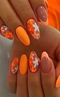 Trendy Summer Orange Almond Nails - Bright, Neon, and Glitter Designs