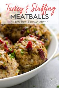 These Turkey and Stuffing Meatballs are Thanksgiving in a bite! Made with ground turkey, mushrooms and all the flavors of stuffing, these meatballs are perfect to make ahead, freeze well, and ready in under 30 minutes! Add them to your Friendsgiving menu or serve as a holiday party appetizer! #appetizers #healthyrecipes #Thanksgiving