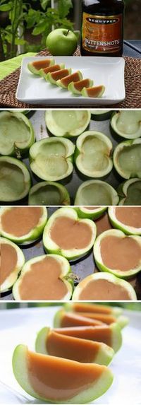 Instead of shots: Pour caramel in cored halved apples, refrigerate for 2 hours, then slice and drizzle chocolate over them.