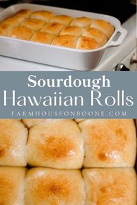 Sourdough Hawaiian rolls are a soft, fluffy, and sweet roll with the delicious pineapple flavor and classic sourdough tang. These make the best dinner rolls or use them to make mini sandwiches. #farmhouseonboone #sourdough #sourdoughhawaiianolls