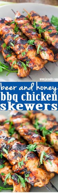 Incredibly delicious Beer and Honey BBQ Chicken Skewers - Perfect for a weekend or even a busy week night. Just prepare the night before, let marinate overnight and grill when ready.