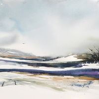 A Winters Day. A3 original watercolour painting (420mm x 297mm). Working from my home studio on the beautiful Isle of Mull off the west coast of Scotland, my paintings are inspired by the wonderful Seascapes, Landscapes and Wildlife that surround me. This particular painting is a Semi-Abstract, Wintry Landscape painted from my imagination. This painting is offered without a mount or frame. A signature will be required on delivery.