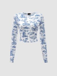 Blue and White Casual Collar Long Sleeve Fabric Landscape Print  Embellished Slight Stretch Summer Women Tops, Blouses & Tee