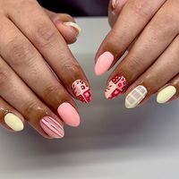 These nails feature a playful combination of pastel pink, cream, and red, with intricate floral and plaid designs that evoke the vibrant and carefree spirit of summer.  🌸Click on the image to shop our trending Korean Gel Polish this season.  🌸Credit: polishedbyjayy_ on Instagram 🌸summer nails, pastel nails, floral nails, plaid nails, Korean gel polish, trending nail designs, summer manicure, pastel pink nails, cream nails, red nail art, intricate nail designs, playful nails, vibrant summer nails, carefree nails, stylish nail art, nail trends 2024, Instagram nail art, seasonal nails, summer vibes nails.