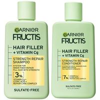 Garnier Fructis Hair Filler Vitamin Strength Repair Shampoo & Conditioner Set, 10.1 fl oz, Our sulfate-free Hair Filler + Vitamin Cg system, formulated with Vitamin Cg + Citric Acid + Repair Care Complex, fills weak, damaged hair with strength. Fill hair with strength 7 layers deep with our system for inner fiber repair, and outer visible transformation. INNER: Repairs and strengthens broken bonds deep in the cortex, hair fibers inner layer*. OUTER: Up to 79% stronger hair with up to 4x less bre