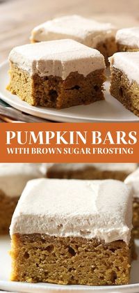 Pumpkin Bars with Brown Sugar Frosting are the perfect fall or Halloween treat! Spiced soft, moist pumpkin bars and a thick layer of brown sugar frosting will have everyone begging for seconds. The best easy homemade, from-scratch recipe that is great for a crowd.