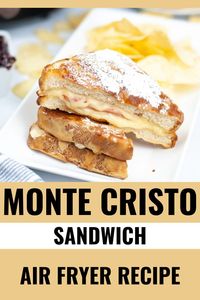 Air Fryer Monte Cristo sandwiches are crispy battered sandwiches filled with ham and melty swiss cheese. This homemade sandwich is delicious! #airfryer #montecristo #sandwich #recipe #hamandcheese