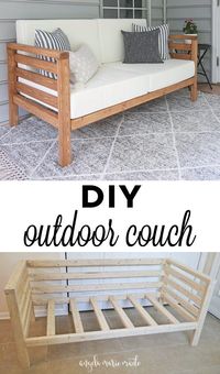 How to build a DIY outdoor couch for only $30 in lumber! This outdoor couch works great in small spaces, is budget friendly, and super cute too! Click to get the free tutorial! #outdoorfurniture #diyoutdoorfurniture #woodworking