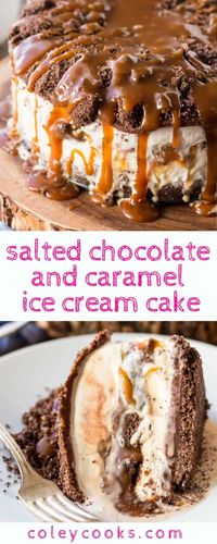 Salted Chocolate + Caramel Ice Cream Cake | Made with layers of store bought ice cream, homemade salted caramel and rich chocolate ganache in a chocolate graham cracker crust.Makes a great birthday cake and feeds a crowd! #easy #homemade #caramel #chocolate #icecream #cake #recipe | ColeyCooks.com