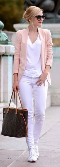 All white outfit with a pink blazer for a pop of color.