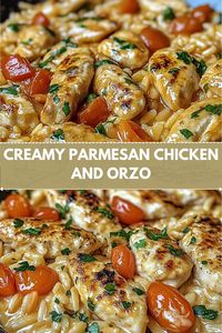 1 lb chicken breast, cubed 1 cup orzo pasta 2 cups chicken broth 1 cup heavy cream 1 cup Parmesan cheese, grated 2 cloves garlic, minced 2 tbsp olive oil Salt and pepper to taste Fresh parsley for garnish