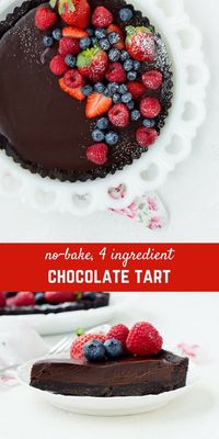 A chocolate tart recipe that is no bake and only uses four ingredients? It may sound too good to be true, but it is indeed true and my husband even deemed this the best dessert he's ever had! The richness of a crunchy chocolate crust topped with smooth, silky ganache filling is offset by fabulously fresh berries. Your friends will think you turned into a fancy pastry chef!