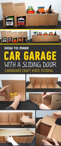 Cardboard Toy Car Garage DIY  VIDEO TUTORIAL  https://youtu.be/r5dyE7MayQo PDF PATTERN: https://www.etsy.com/ca/listing/596299954/printable-pdf-cardboard-toy-car-garage?ref=shop_home_active_1