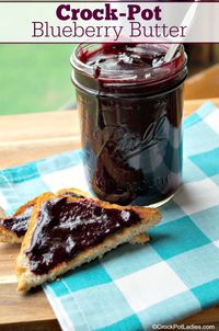 Crock-Pot Blueberry Butter - Just 4 ingredients in this easy recipe for Crock-Pot Blueberry Butter. Fresh juicy blueberries, sugar, cinnamon and lemon juice make a delicious spread for your morning toast! [Gluten Free, Low Calorie, Low Cholesterol, Low Fat, Low Sodium, Vegan, Vegetarian & 3 Weight Watchers SmartPoints per serving!] #CrockPotLadies #CrockPot #SlowCooker #BlueberryRecipes