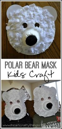 Paper Plate Polar Bear Mask Craft for Kids. Learn about arctic animals and make this fun Polar Bear Mask. Great preschool kids craft. From iheartcraftythings.com