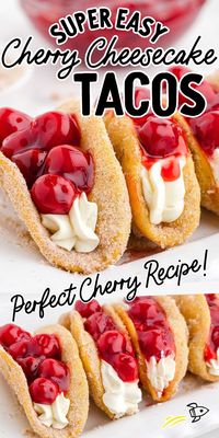 Crispy fried taco shells stuffed with a creamy decadent cherry filling make these cherry cheesecake tacos the best way to end your meal.