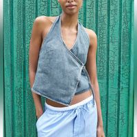 Genuine Zara New With Tag Material: Cotton Color: Blue Denim Simple & Chic Cotton Denim Halter Top. V Neckline With Wrap Front. Interior Button, Side Buckle & Tie Closure.