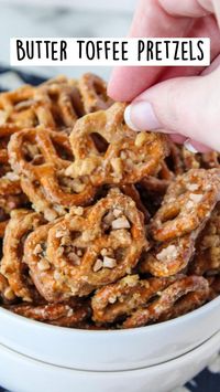 1 (16 oz) bag Mini Pretzels  1 cup Brown Sugar  1/2 cup Butter, Cubed  1/4 cup Light Corn Syrup  1 tsp Vanilla  1/2 tsp Baking Soda  1 bag Heath Toffee Bits  Full recipe: https://www.bakingyouhappier.com/butter-toffee-pretzels/