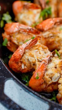 This garlic butter crab stuffed shrimp recipe is a perfect appetizer for a party or great addition to pasta or tacos.