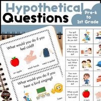 Hypothetical Questions Speech Therapy Set  What Is It?: This set of speech therapy resources is designed to help children practice answering hypothetical questions in a fun and engaging way. What's Included?: You'll find 10 colorful flashcards, each featuring a different scenario. On each flashcard, there are three picture choices to help students select the correct answer. Easy to Use: The scenarios are also presented in a convenient table format on 8.5 x 11 inches pages, with five scenarios per page. This makes it easy for teachers to refer to during sessions and for group activities. How It Helps: Students are encouraged to think creatively and express their thoughts verbally. If they need extra help, the visuals provide support in choosing the correct answer. Perfect for Classroom Use: